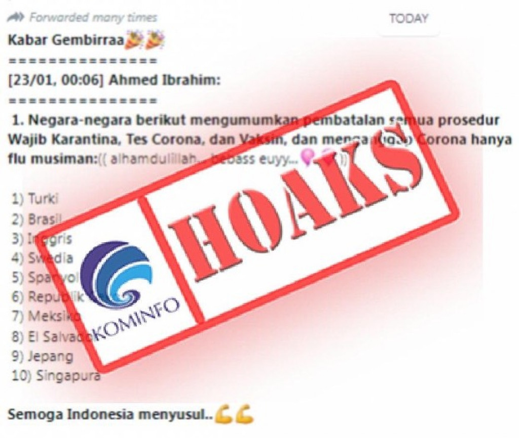 [HOAKS] Daftar Negara Umumkan Pembatalan Semua Prosedur Wajib Karantina, Tes Covid–19, dan Vaksin