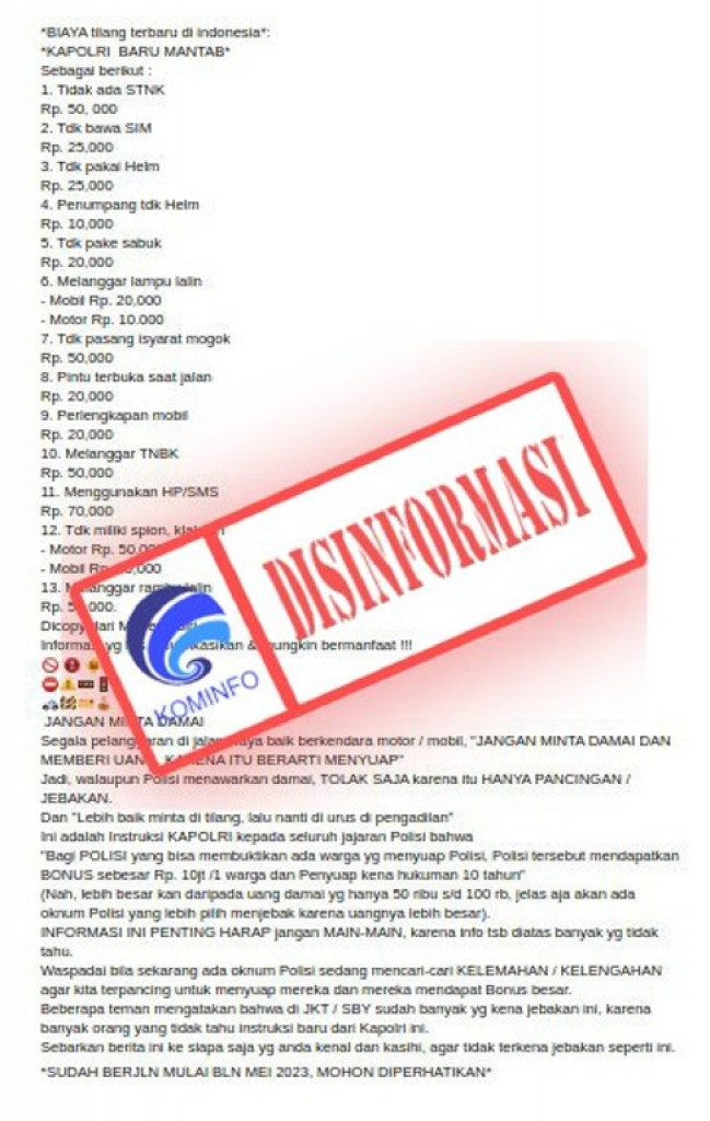 [DISINFORMASI] Informasi Daftar Nilai Denda Tilang Terbaru 2023 dan Hadiah Rp10 Juta bagi Polisi
