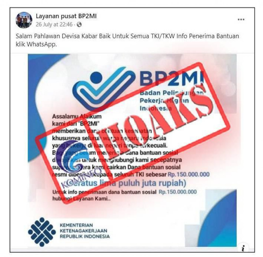 [HOAKS] Dana Bantuan Kesehatan Sebesar Rp150 Juta dari BP2MI