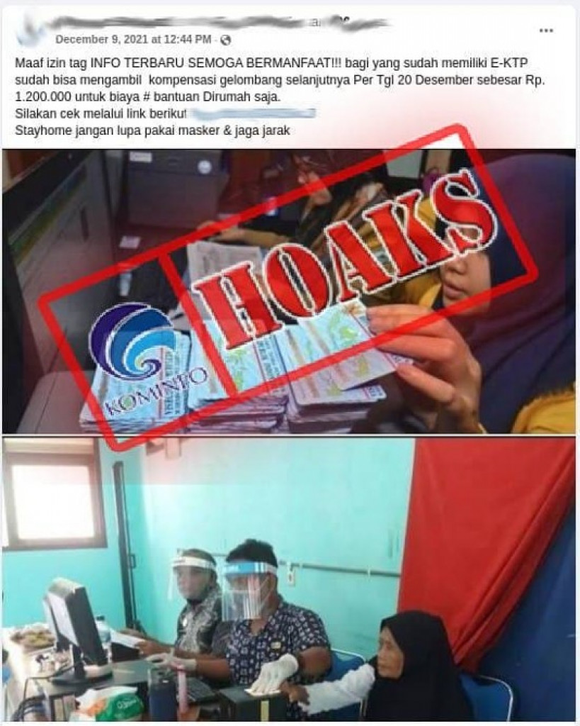 [HOAKS] Pemberian Dana Kompensasi Senilai Rp1.200.000 sebagai Biaya Bantuan Program di Rumah Saja