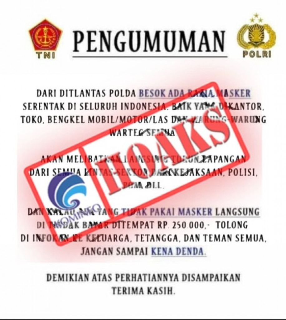 [HOAKS] Ditlantas Polda Adakan Razia Masker di Seluruh Indonesia dan Terapkan Denda di Tempat
