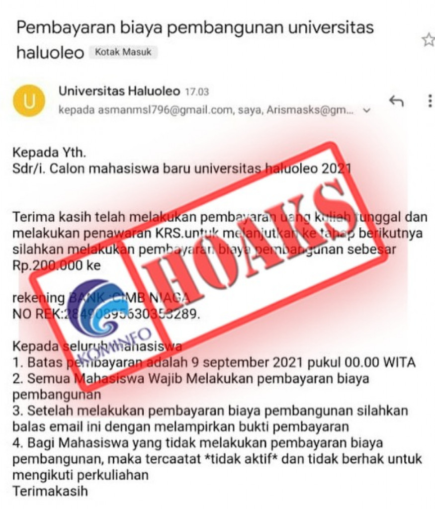 [HOAKS] Email Mengatasnamakan UHO Meminta Uang untuk Biaya Pembangunan