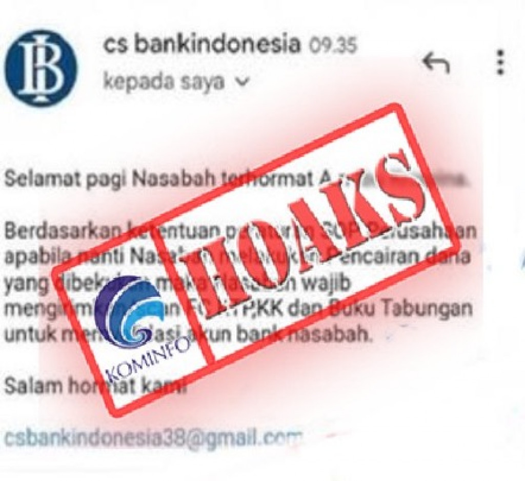 [HOAKS] Email Pencairan Dana Pinjaman Online Mengatasnamakan Bank Indonesia