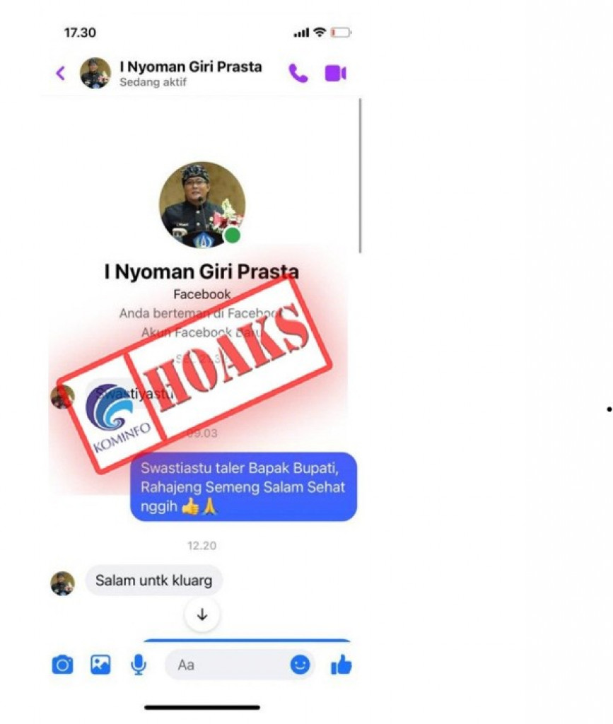 [HOAKS] Akun Facebook Mengatasnamakan Bupati Badung Tawarkan Jabatan ke Abdi Negara