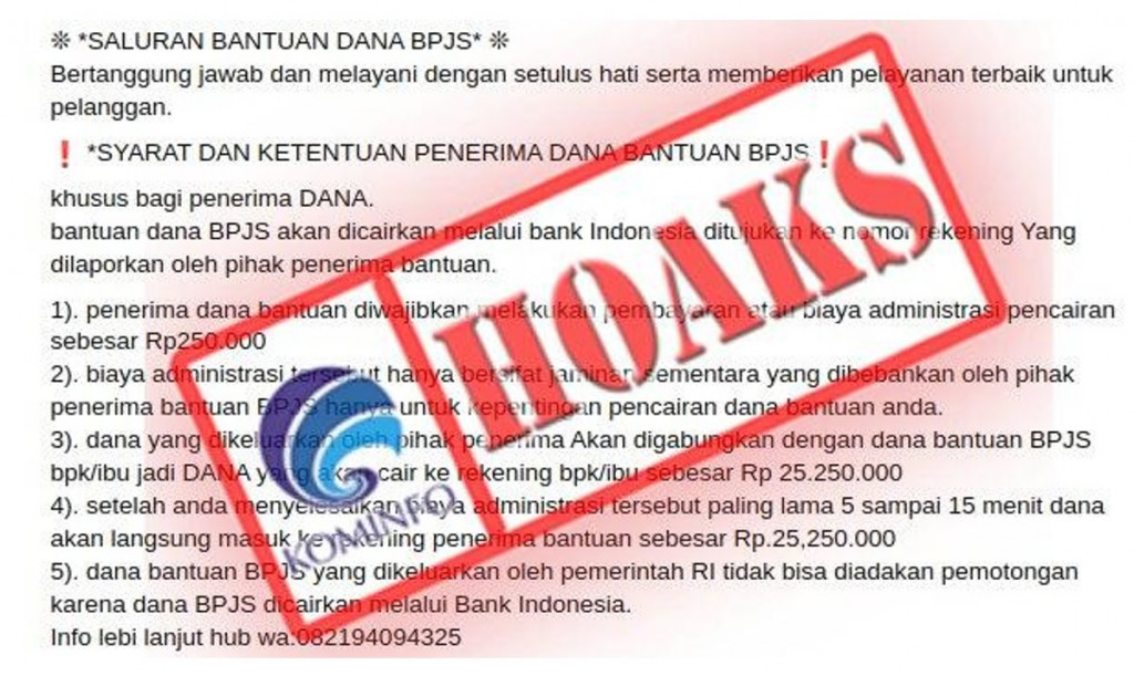 [HOAKS] Saluran Bantuan Dana BPJS Kesehatan dengan Biaya Admin Rp250 Ribu