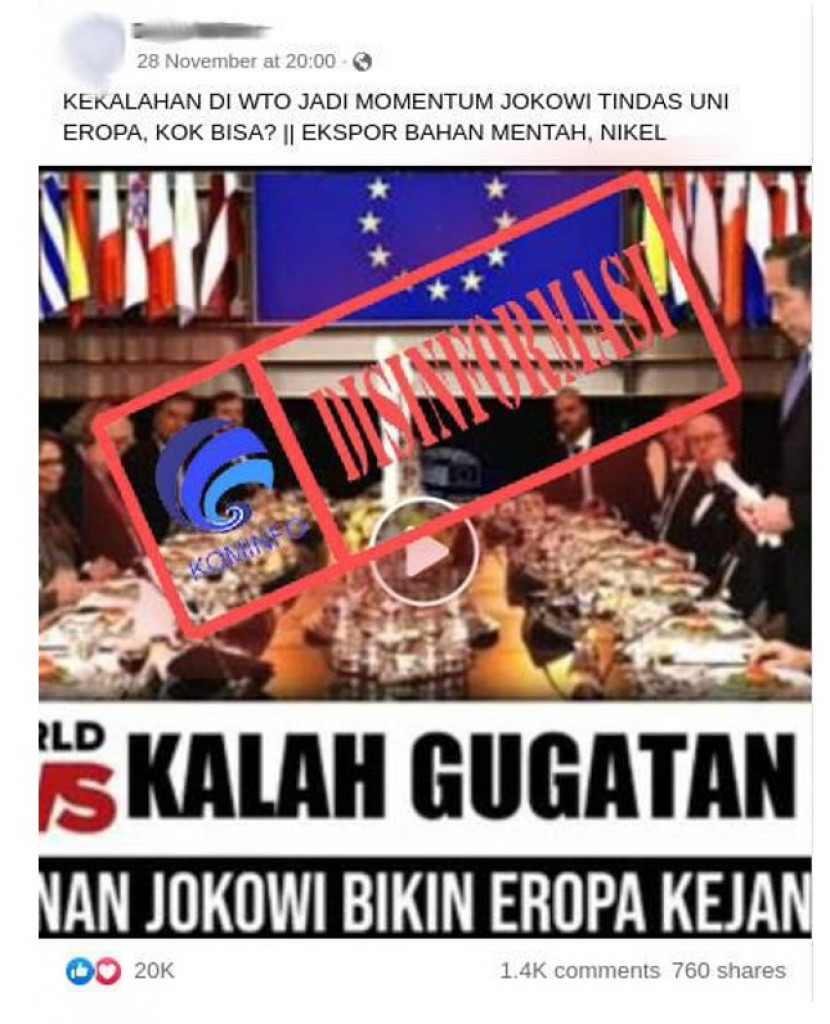 [DISINFORMASI] Kekalahan Indonesia di WTO Terkait Nikel Jadi Momentum untuk Menindas Uni Eropa