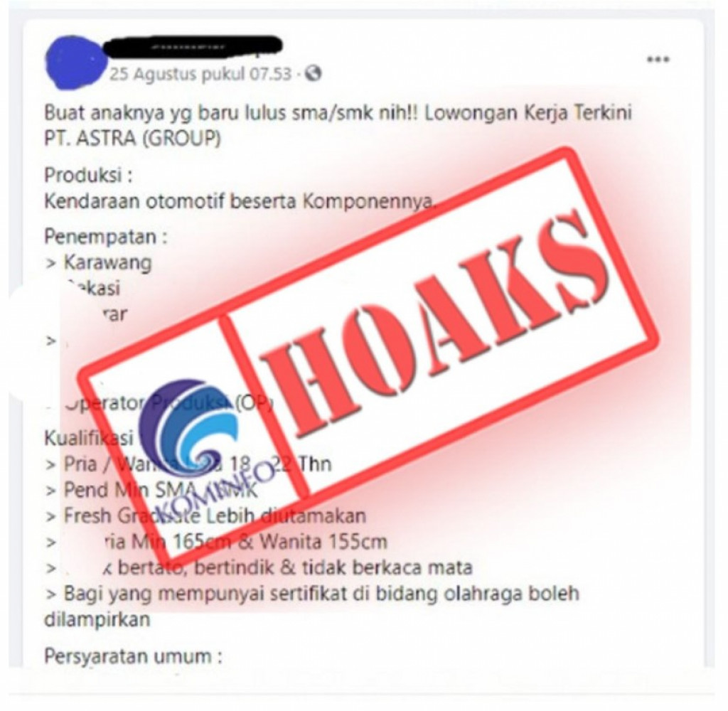 [HOAKS] Informasi Lowongan Kerja Mengatasnamakan PT Astra International Tbk