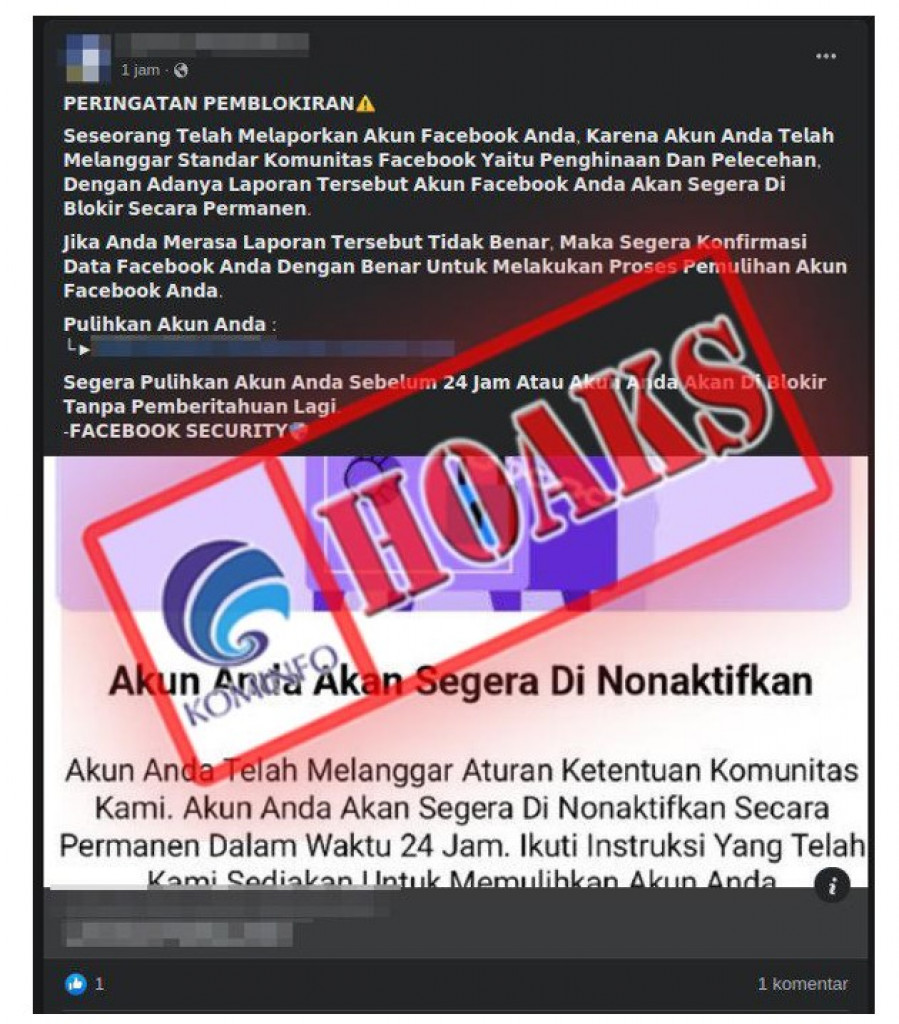 [HOAKS] Peringatan Pemblokiran Akun Facebook