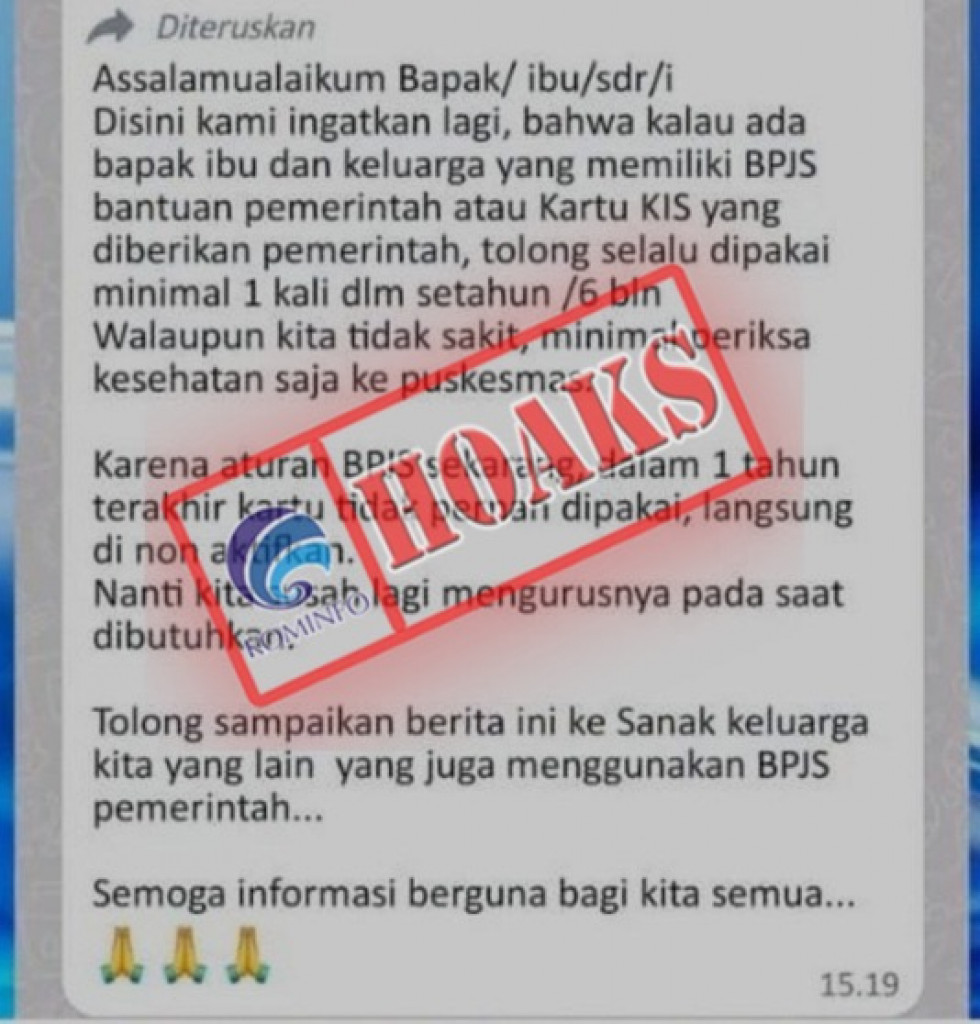 [HOAKS] Fasilitas Peserta JKN-KIS akan Otomatis Dinonaktifkan Bila Tidak Digunakan dalam Kurun Waktu Setahun