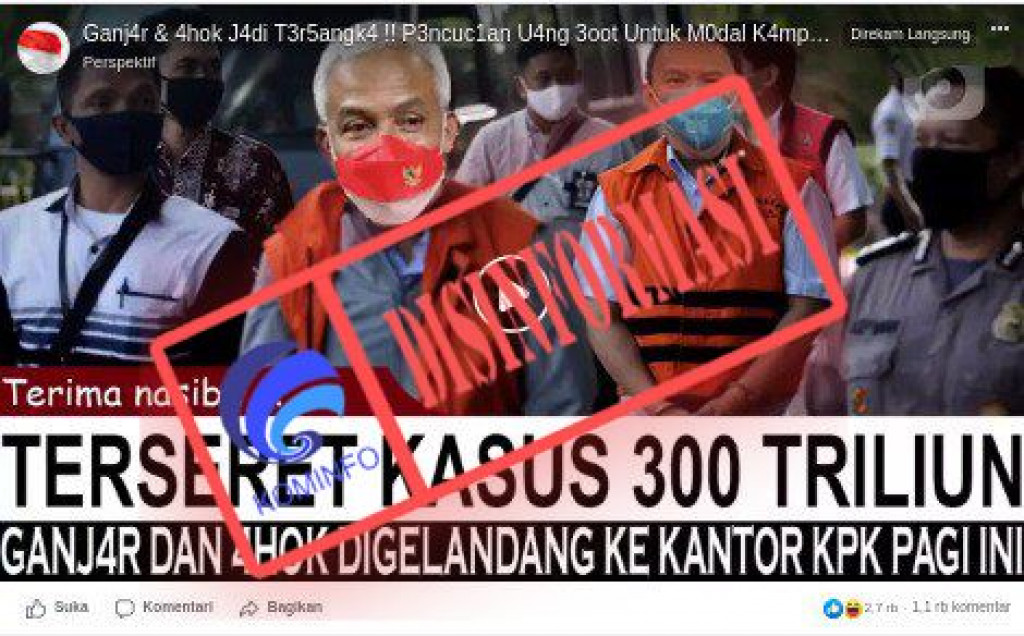 [DISINFORMASI] Ganjar dan Ahok Jadi Tersangka Pencucian Uang Rp300 Triliun