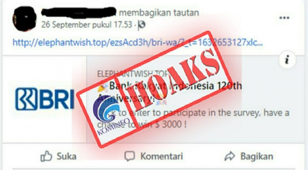 [HOAKS] Hadiah 3.000 Dollar AS dari Bank BRI