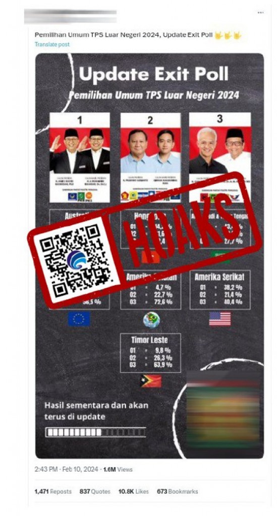 [HOAKS] Hasil Exit Poll Pilpres 2024 di Luar Negeri Sebelum 14 Februari