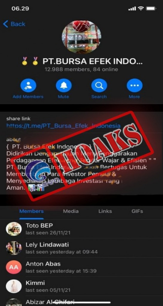 [HOAKS] Grup Telegram Mengatasnamakan Bursa Efek Indonesia