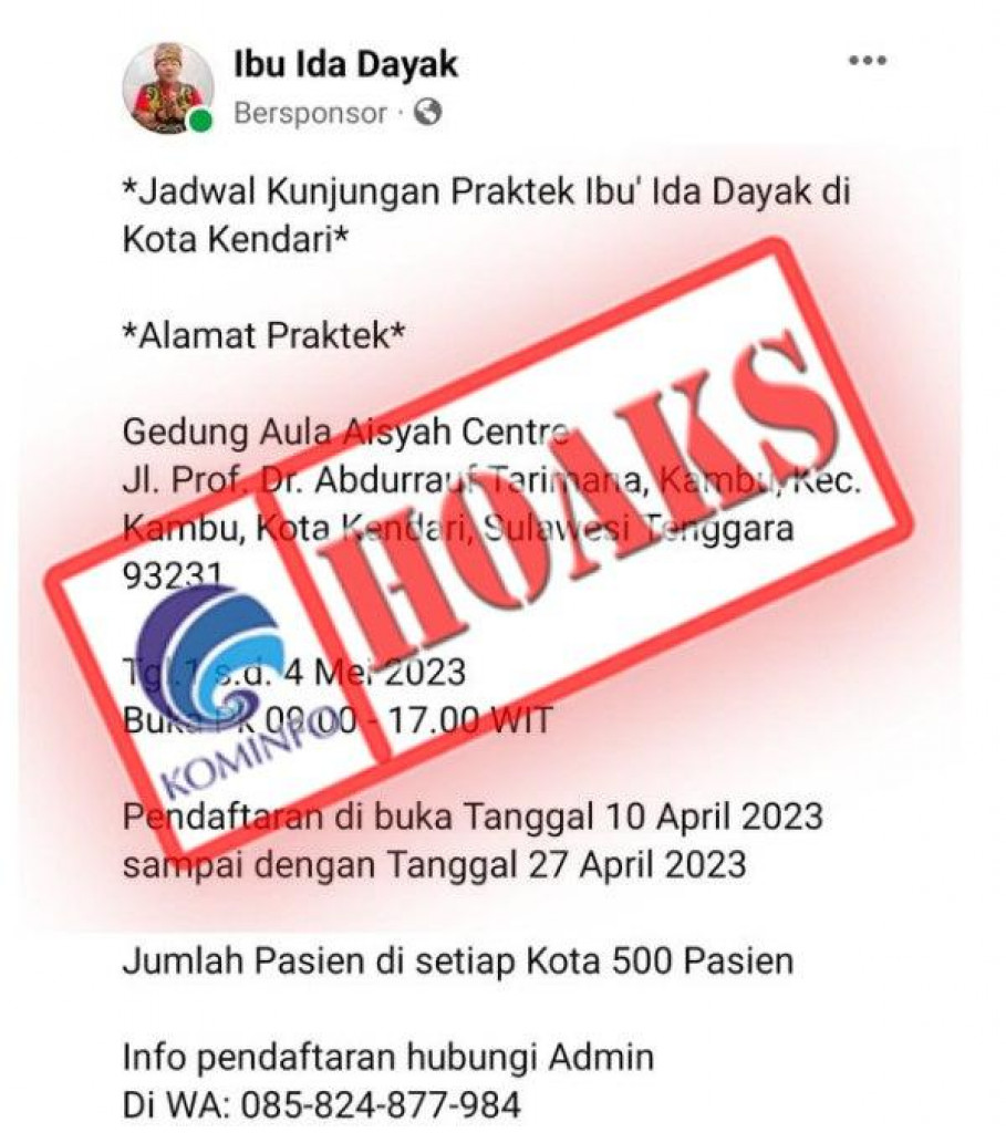 [HOAKS] Ida Dayak Gelar Pengobatan di Gedung Aula Aisyah Centre Kendari