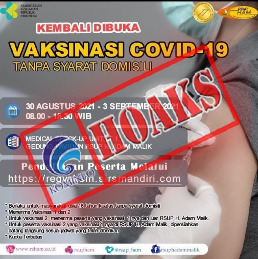 [HOAKS] Informasi Vaksinasi Covid-19 di RSUP HAM pada 30 Agustus 2021 - 3 September 2021