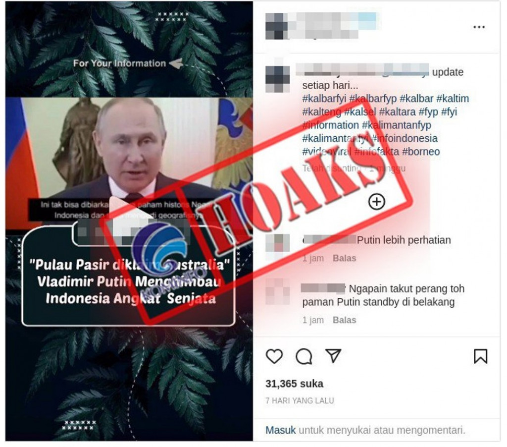 [HOAKS] Presiden Rusia Vladimir Putin Meminta Indonesia Angkat Senjata Melawan Australia