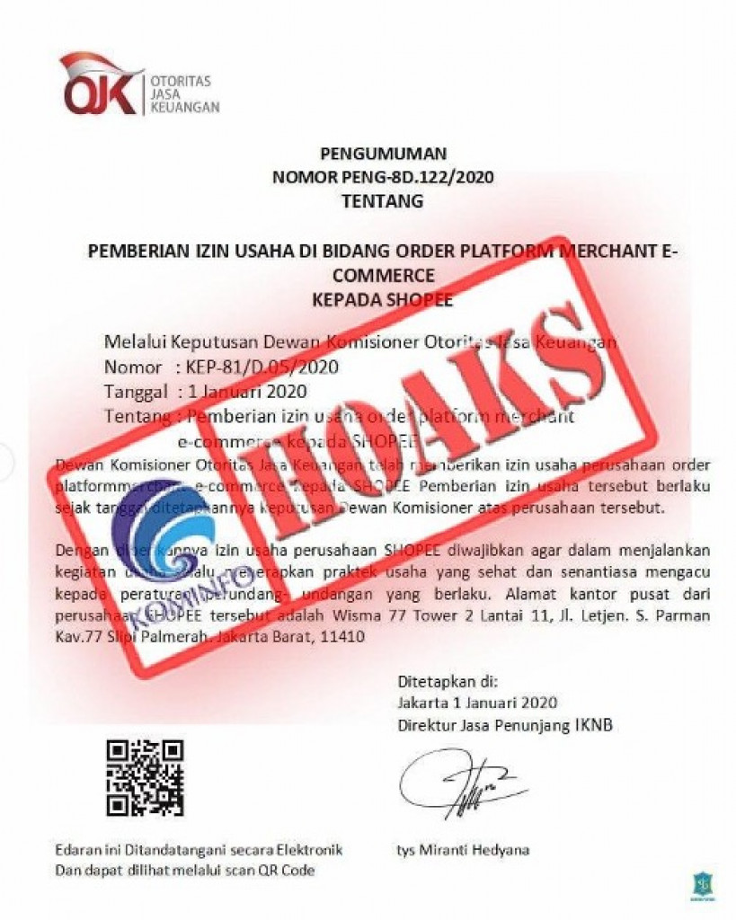 [HOAKS] Pemberian Izin Usaha di Bidang Order Platform Merchant E-Commerce kepada Shopee