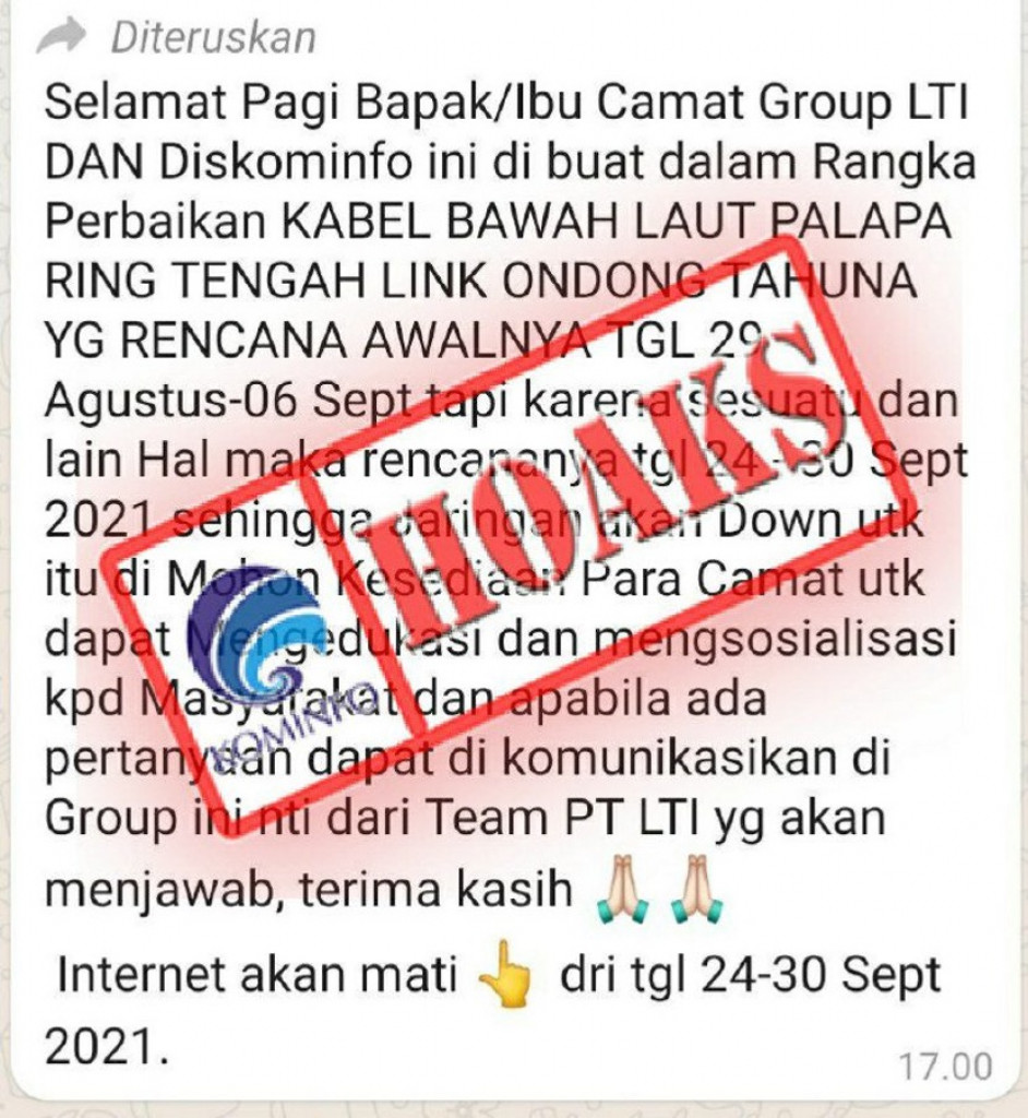 [HOAKS] Jaringan Internet akan Mati Dalam Rangka Perbaikan Kabel Bawah Laut Palapa Ring