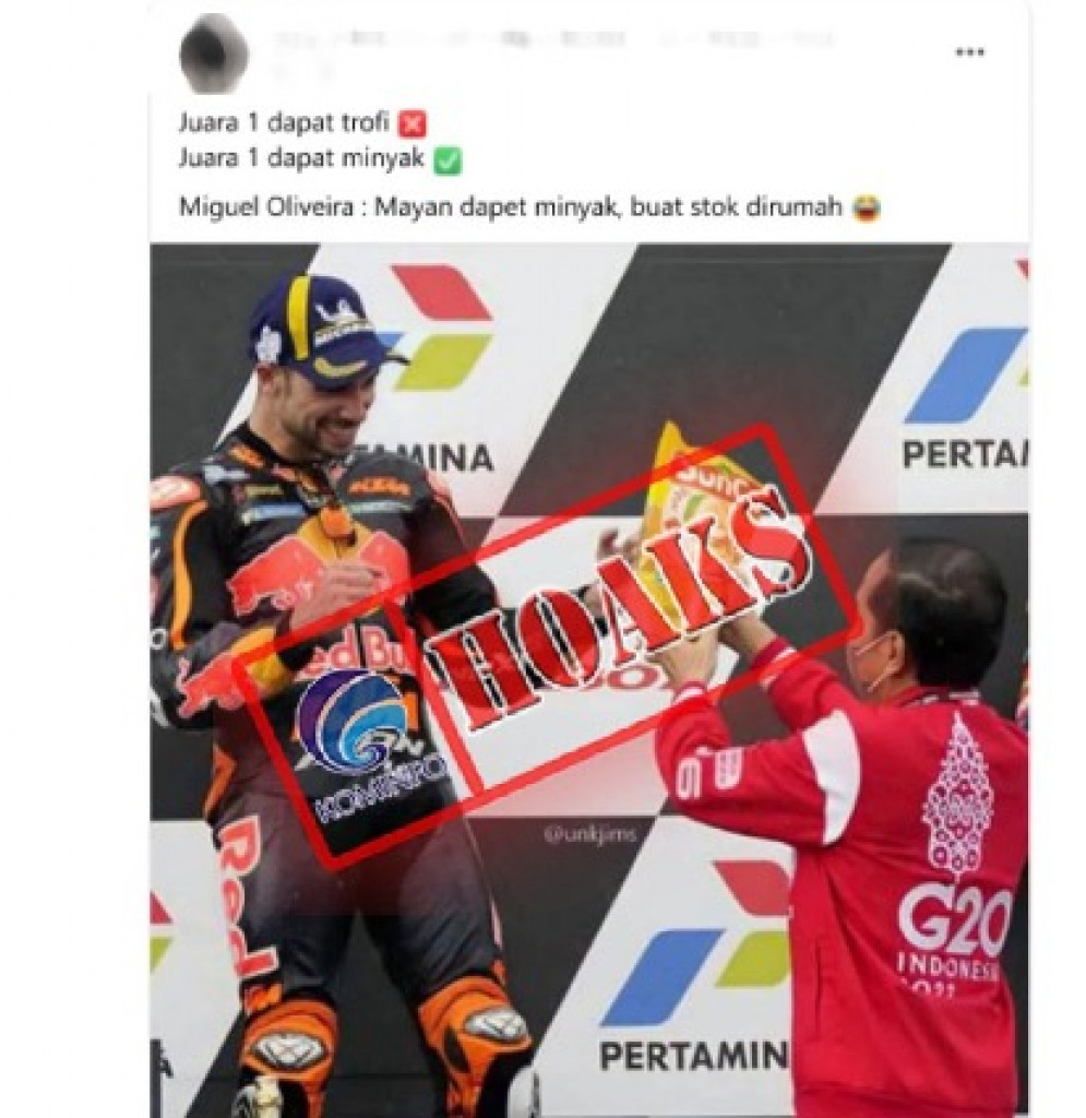 [HOAKS] Presiden Jokowi Memberikan Minyak Goreng kepada Pembalap MotoGP Miguel Oliveira