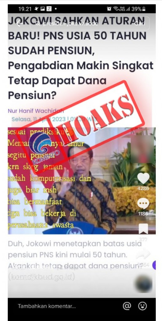 [HOAKS] Presiden Joko Widodo Mengesahkan Batas Usia Pensiun PNS Menjadi 50 Tahun