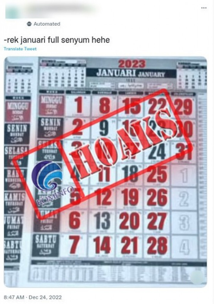 [HOAKS] Foto Kalender Januari 2023 Terdapat 25 Tanggal Merah