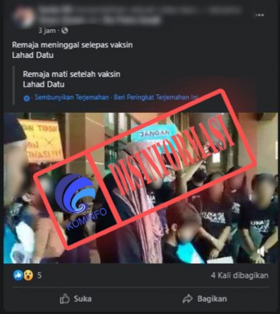 [DISINFORMASI] Kematian Remaja Akibat Suntikan Vaksin Covid-19 di Lahad Datu