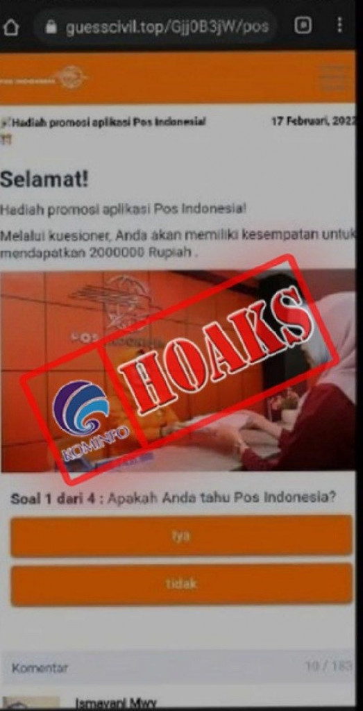[HOAKS] Kuisioner Berhadiah Mengatasnamakan PT Pos Indonesia