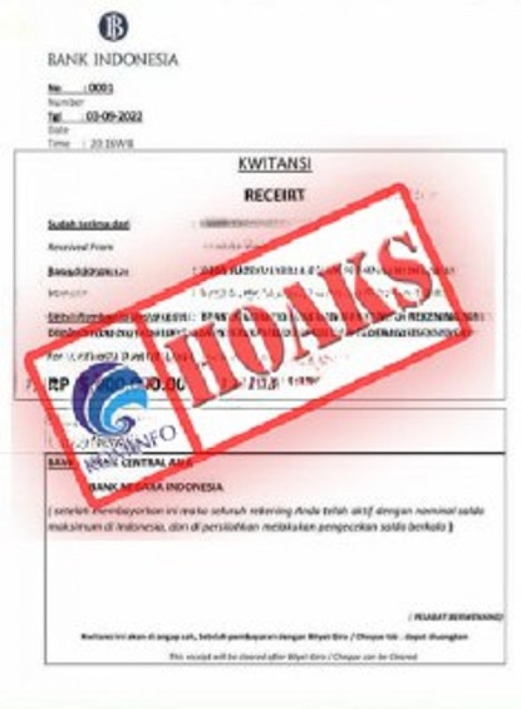[HOAKS] Kuitansi Pembayaran Biaya Administrasi Aktivasi Rekening Mengatasnamakan Bank Indonesia