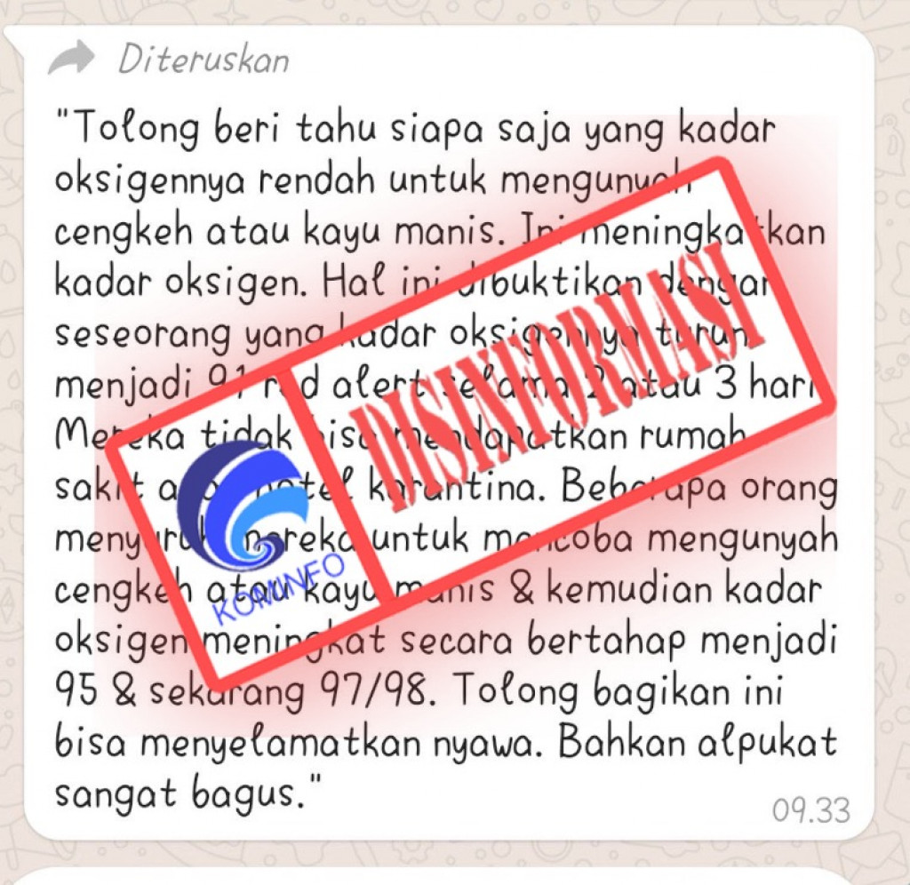 [DISINFORMASI] Mengunyah Cengkeh atau Kayu Manis dapat Meningkatkan Kadar Oksigen yang Sedang Menurun