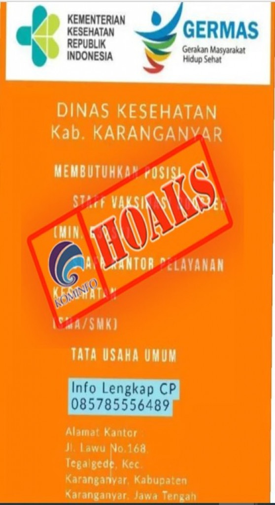 [HOAKS] Lowongan Kerja Mengatasnamakan Dinas Kesehatan Kabupaten Karanganyar