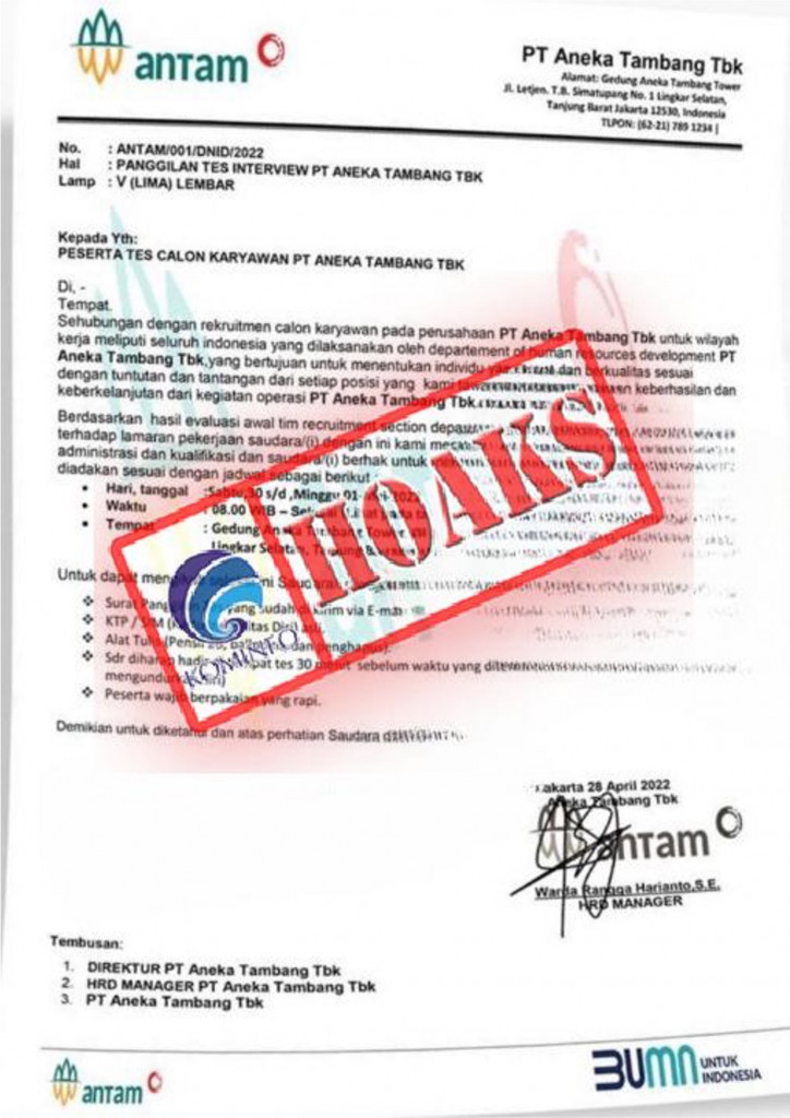[HOAKS] Lowongan Kerja Mengatasnamakan PT Antam Tbk