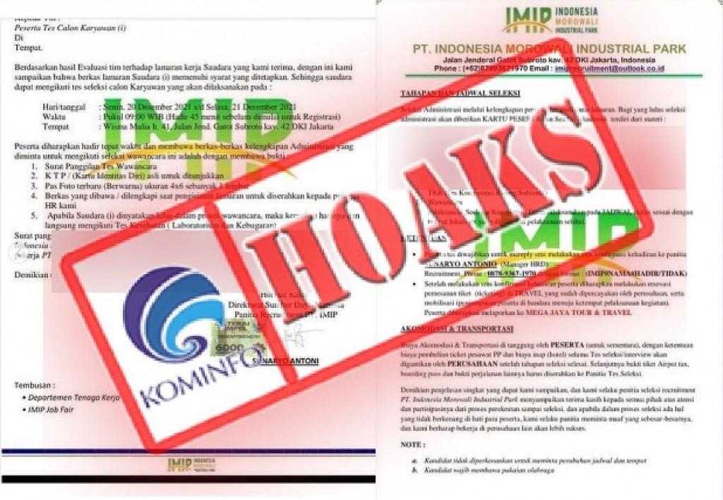 [HOAKS] Informasi Lowongan Kerja Mengatasnamakan PT IMIP