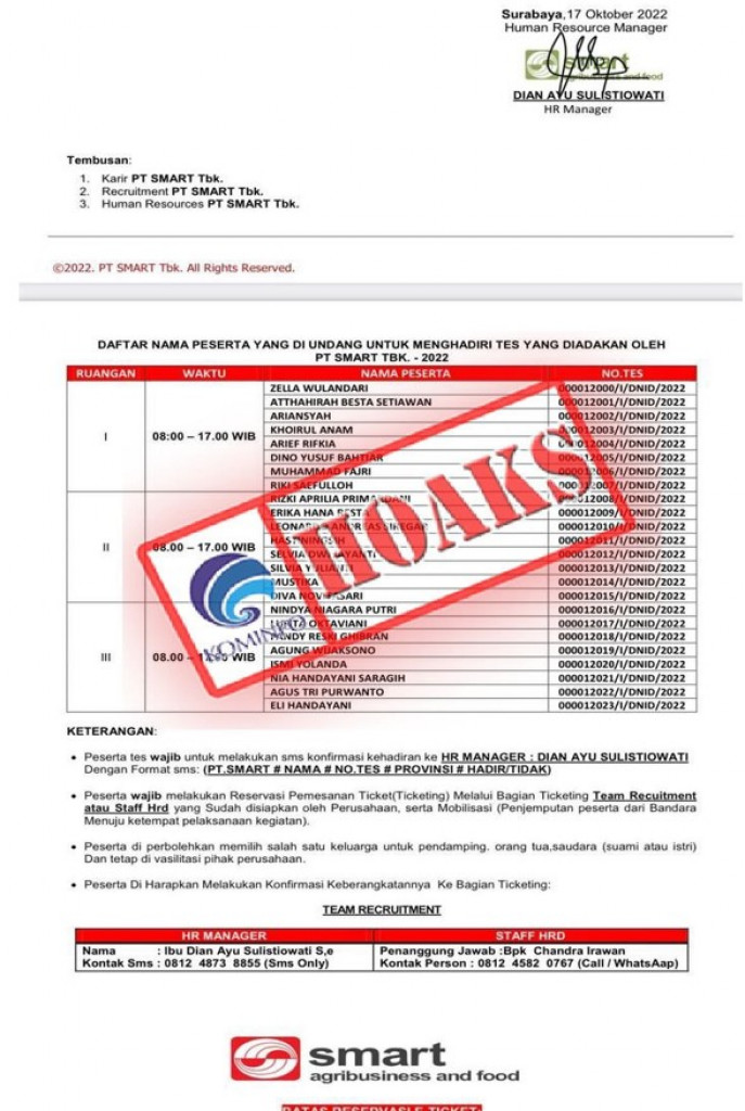 [HOAKS] Surat Pemanggilan Seleksi Pegawai PT Smart Tbk