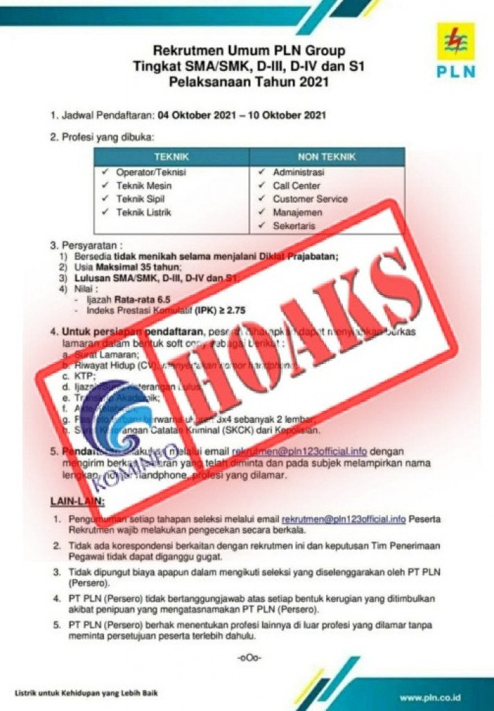 [HOAKS] Lowongan Kerja PT PLN (Persero) Periode Pendaftaran 4 sampai 10 Oktober 2021