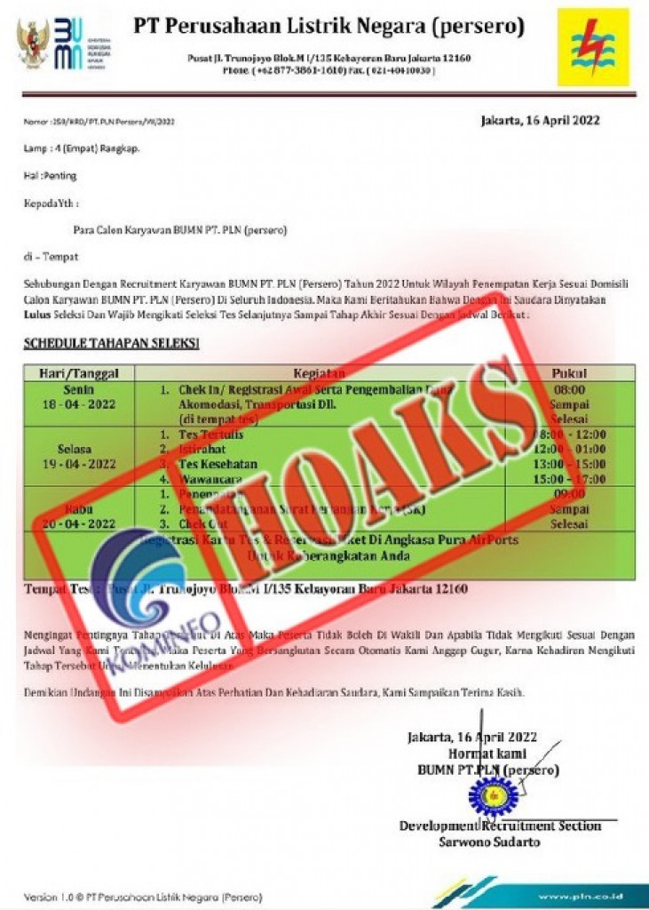 [HOAKS] Lowongan Kerja PT PLN (Persero) 2022