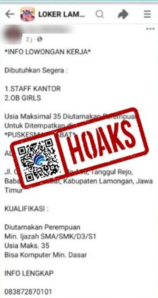 [HOAKS] Informasi Lowongan kerja di Puskesmas Babat