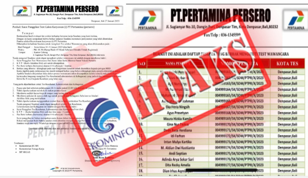 [HOAKS] Surat Panggilan Tes Kerja Calon Karyawan Mengatasnamakan PT Pertamina