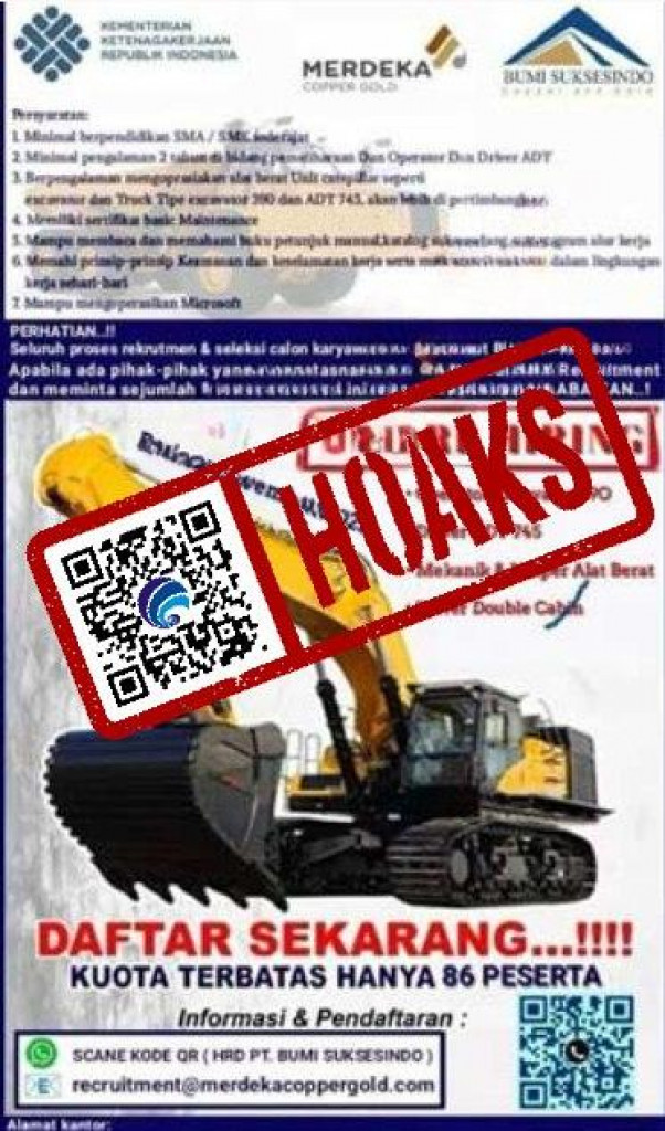 [HOAKS] Lowongan Kerja Mengatasnamakan PT Bumi Suksesindo
