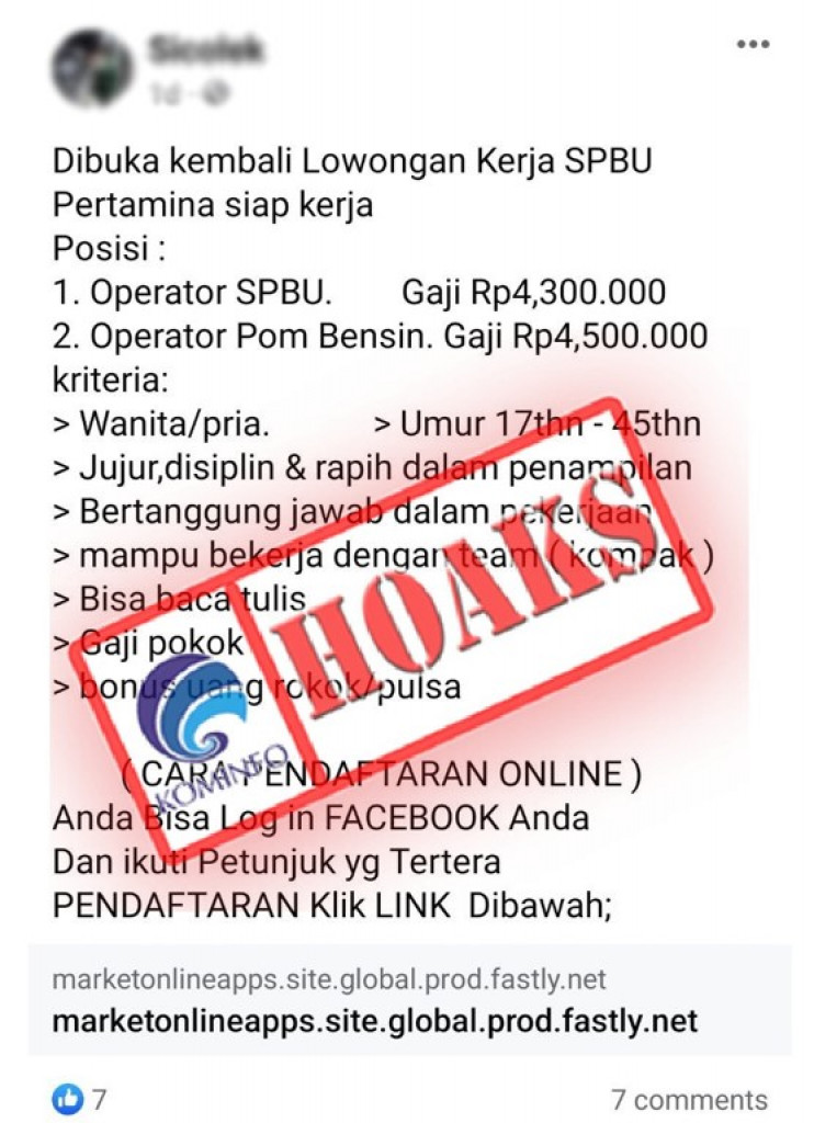 [HOAKS] Lowongan Kerja PT Pertamina (Persero) sebagai Operator SPBU