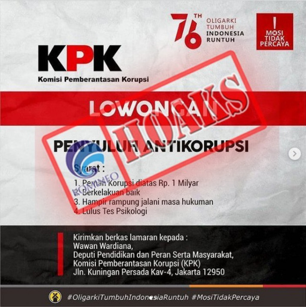 [HOAKS] Informasi Lowongan Koruptor jadi Penyuluh Antikorupsi Mengatasnamakan KPK