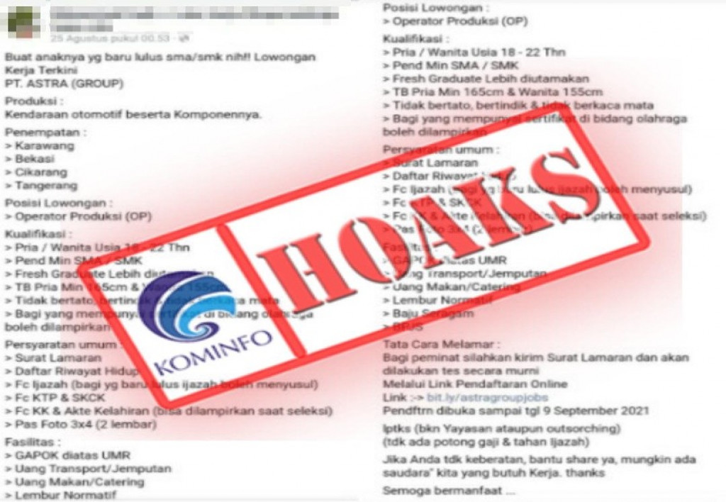 [HOAKS] Lowongan Operator Produksi PT Astra (Group)