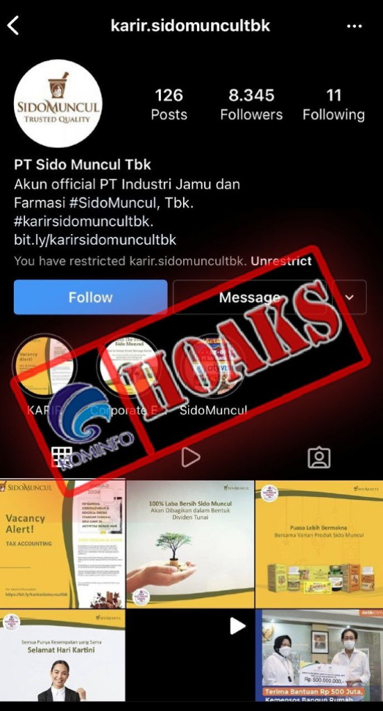 [HOAKS] Akun Instagram Mengatasnamakan PT Sido Muncul Tbk dan Membuka Lowongan Pekerjaan