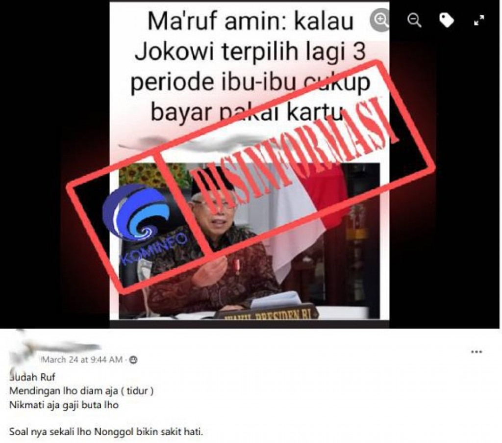 [DISINFORMASI] Ma’ruf Amin: “Kalau Jokowi Terpilih Lagi 3 Periode Ibu-Ibu Cukup Bayar Pakai Kartu”