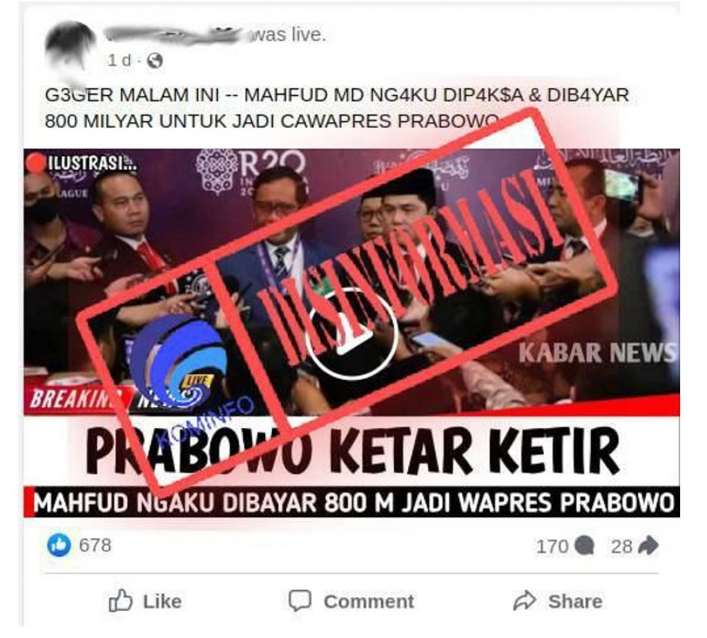 [DISINFORMASI] Mahfud MD Mengaku Dipaksa dan Dibayar Rp800 Miliar untuk Jadi Cawapres Prabowo Subianto