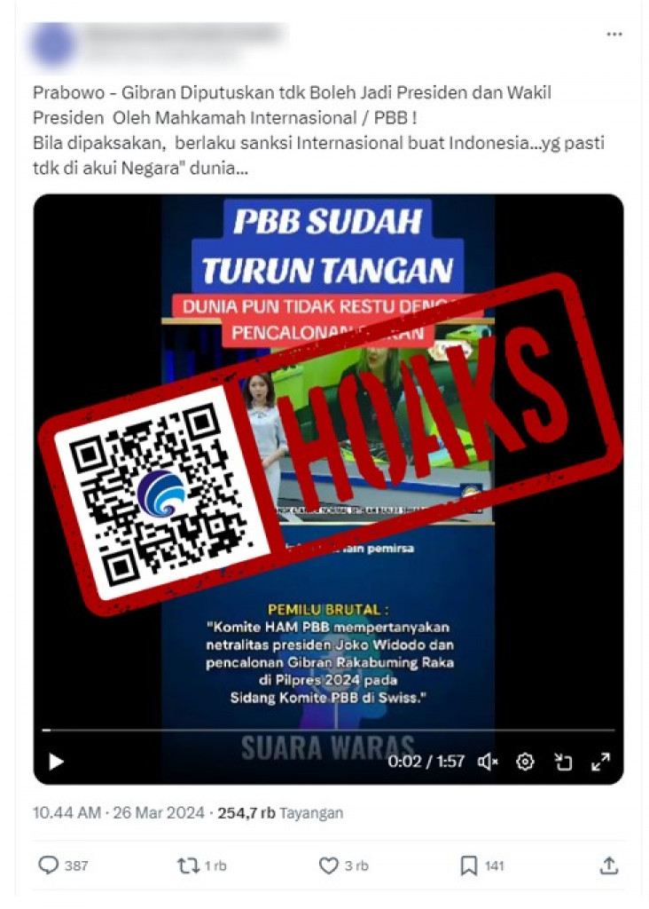 [HOAKS] Mahkamah Internasional Larang Prabowo-Gibran Jadi Presiden