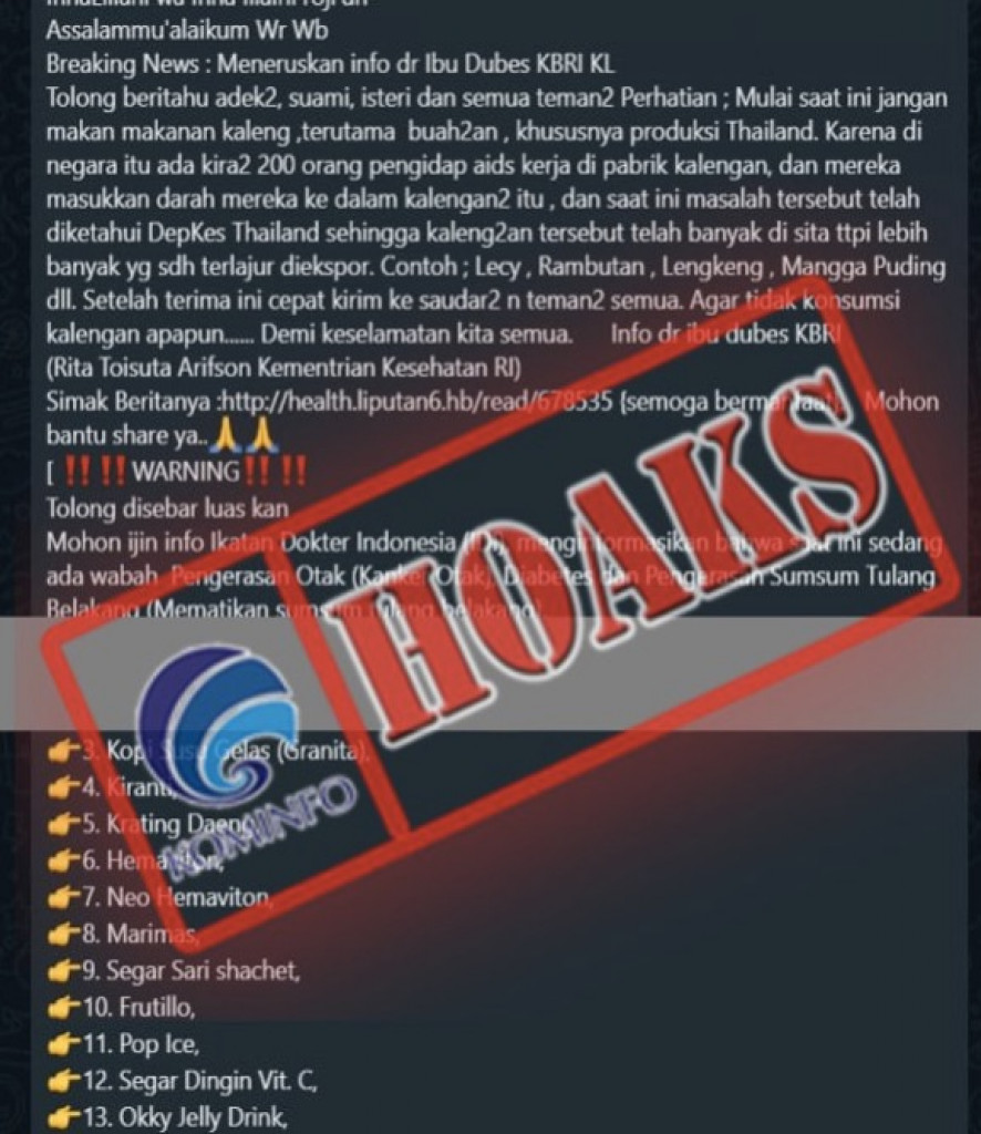 [HOAKS] Makanan Kaleng Produksi Thailand Terkontaminasi Darah Penderita AIDS dan Daftar Minuman Penyebab Kanker