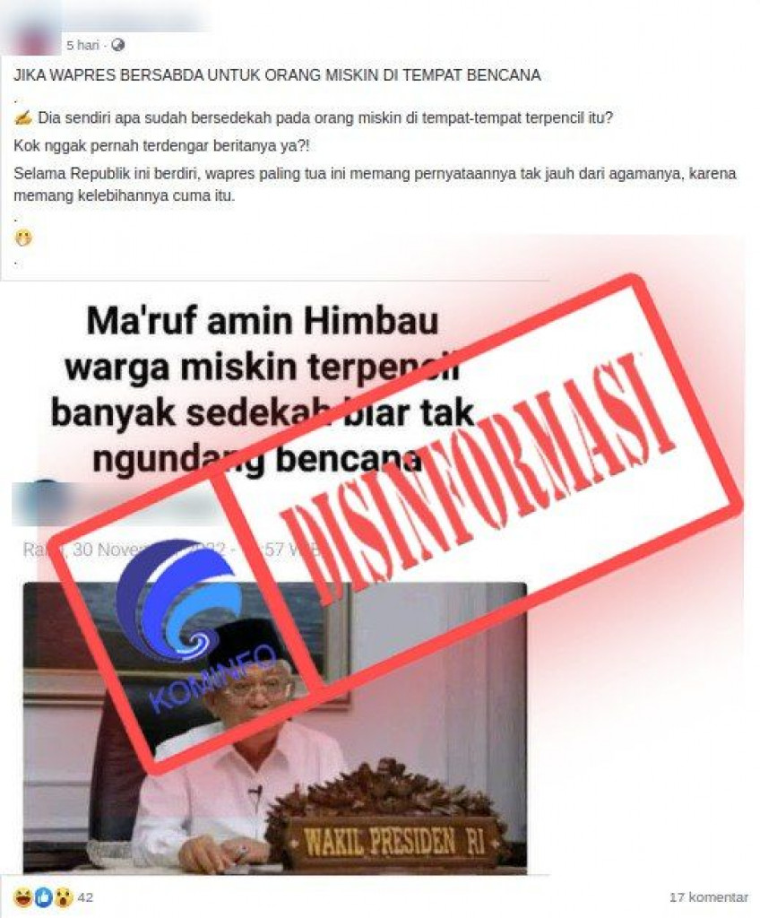 [DISINFORMASI] Ma'ruf Amin Imbau Warga Miskin Banyak Sedekah Agar Tak Undang Bencana