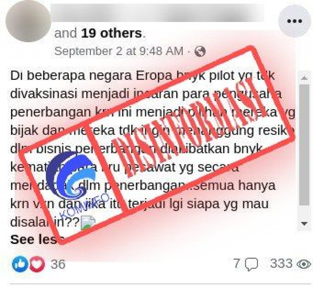 [DISINFORMASI] Maskapai di Eropa Pilih Kru yang Tak Divaksin Covid-19 karena Fenomena Mati Mendadak