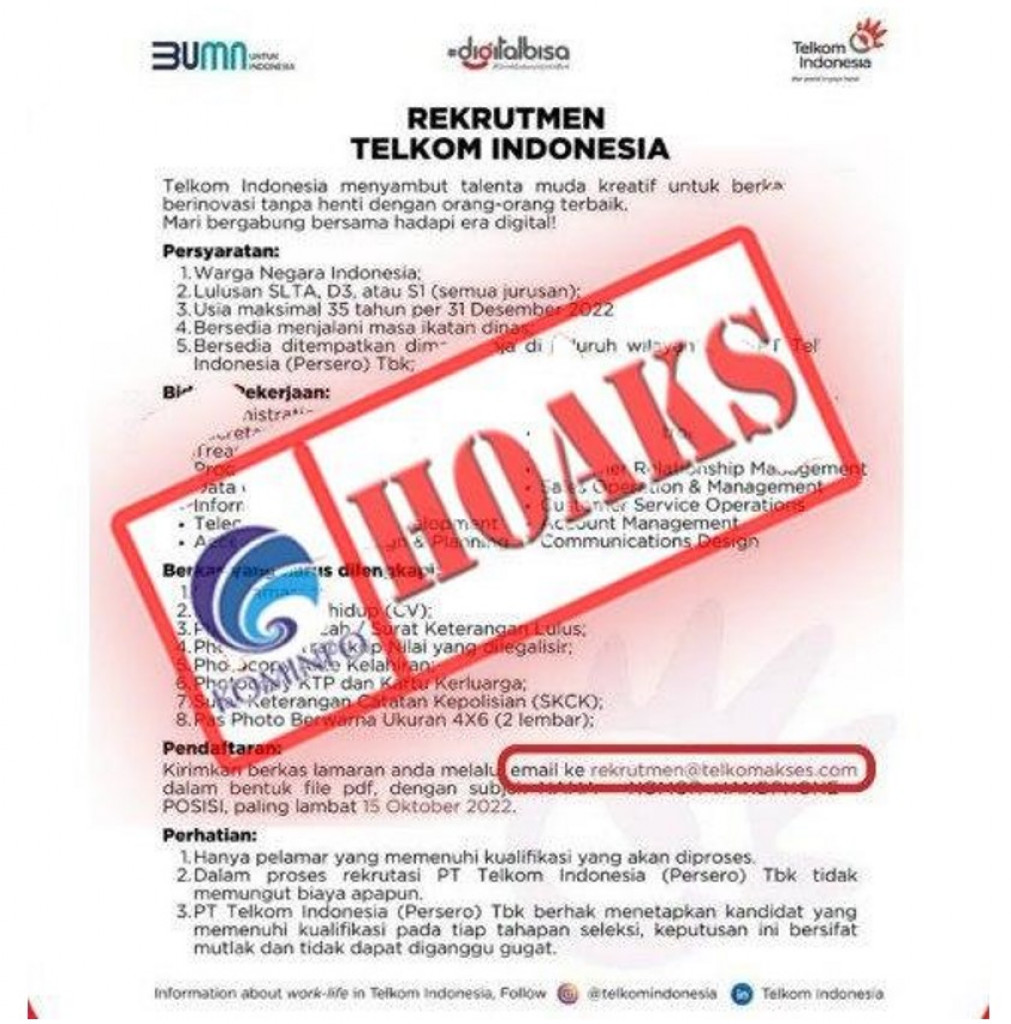 [HOAKS] Lowongan Kerja Mengatasnamakan PT Telkom Indonesia Tbk