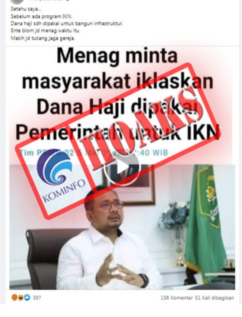 [HOAKS] Menag Minta Masyarakat Ikhlaskan Dana Haji Dipakai Pemerintah untuk IKN